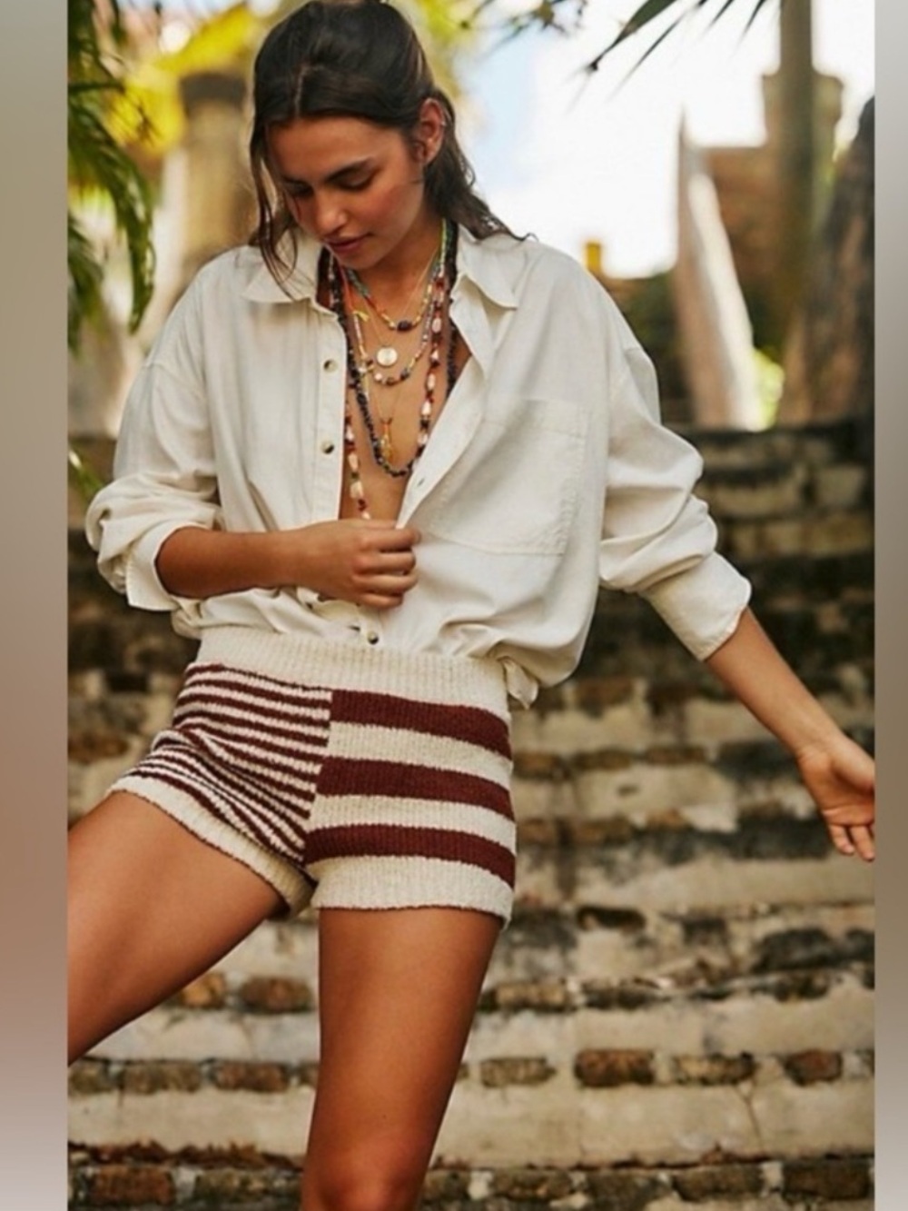 Free People FP Beach Brown Cream Striped Knit High Waisted Cotton Shorts Medium